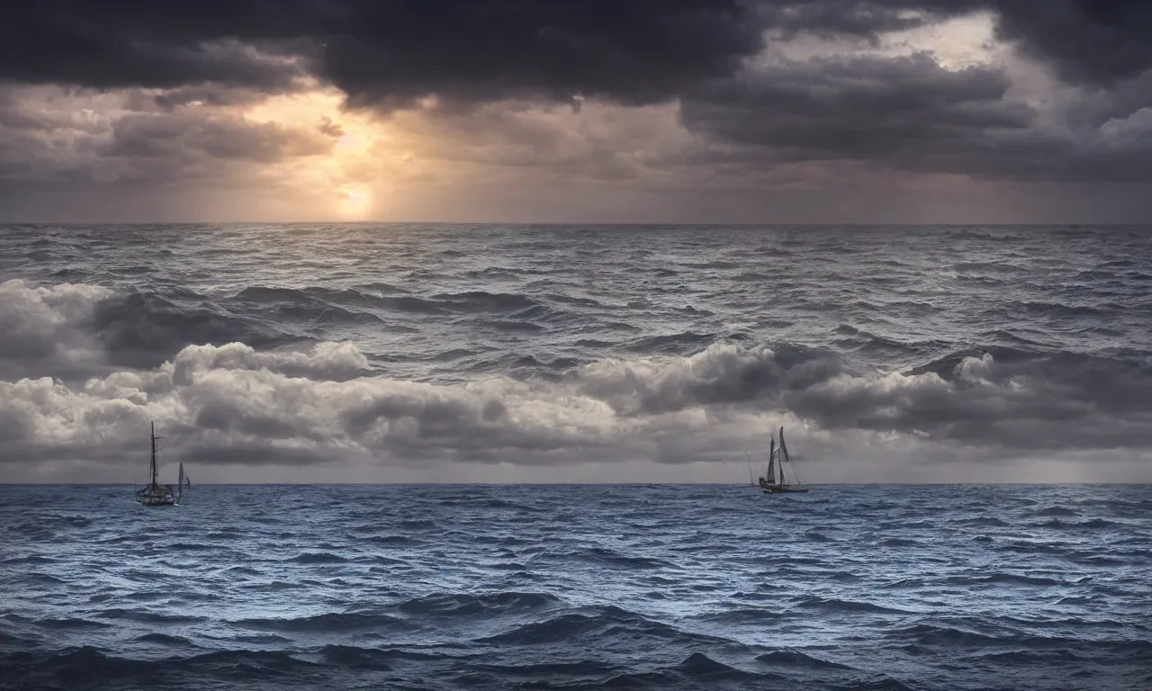 Image similar to eerie sun setting over stormy sea, photo realistic, hyperreal, bough of boat in foreground