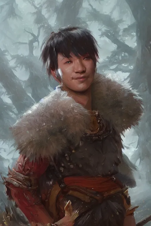 Image similar to dungeons and dragons warrior chief character closeup portrait, dramatic light, forest background, 2 0 0 mm focal length, painted by stanley lau, painted by greg rutkowski, painted by stanley artgerm, digital art, trending on artstation