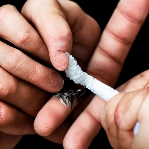 Prompt: Close-up of hyperrealistic soft hand with five fingers holding cigarette with smoke, white background, 4K