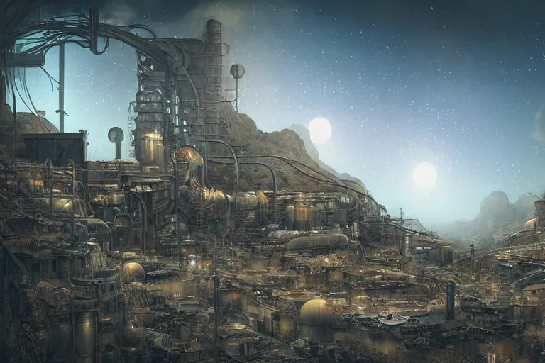 Image similar to sci - fi favela, art nouveau desert environment, industrial factory, cliffs, gloomy, milky way, award winning art, epic dreamlike fantasy landscape, ultra realistic,