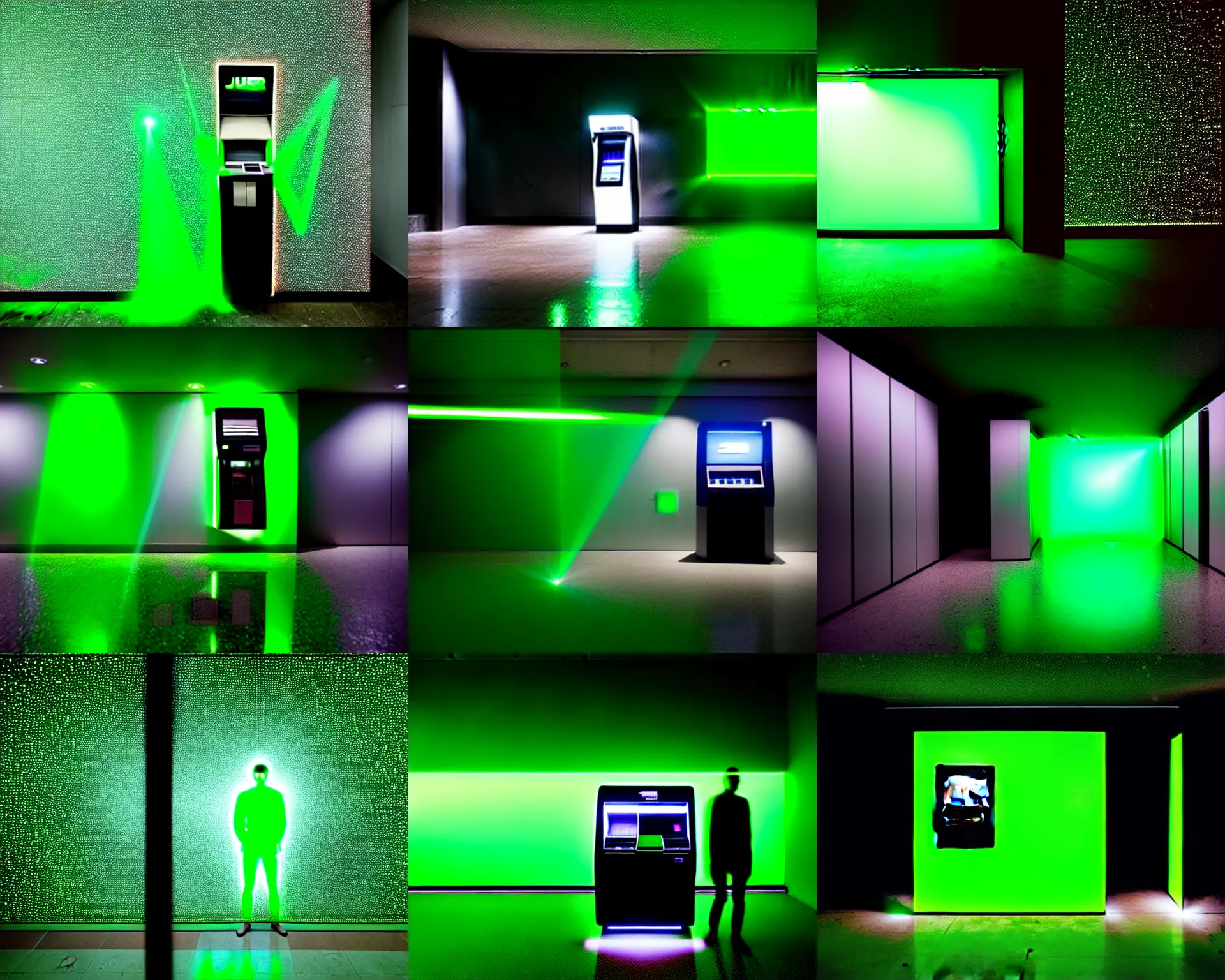 Prompt: photo of many green laser beams shooting out in all directions in a dark concrete room, wide angle, the laser beams illuminate the screen of an atm machine, the screen has a the glowing face of a person, in the style of juergen teller