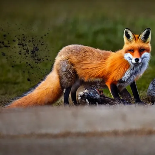 Image similar to fox with a dead chicken in its mouth, nature photography