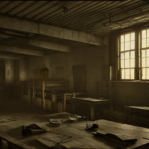 Image similar to life in a soviet gulag by otto dix, hyperrealistic, unreal engine, volumetric lighting, highly detailed