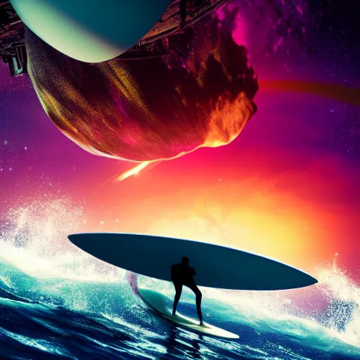 Image similar to photo of a alien surfing a surfboard on a crashing l wave of alien ocean in space, background is an alien galaxy, aliens in the background, alien colors, octane render, unreal engine, wide view, 8 k, high detaild