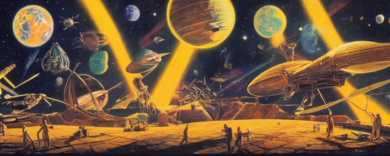Image similar to a beautiful future for space program, astronauts and space colonies, utopian, by david a. hardy, wpa, public works mural, socialist