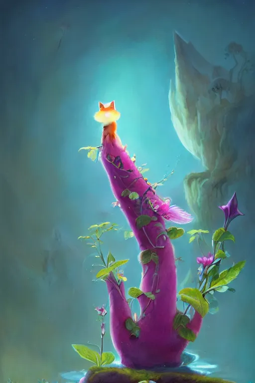 Image similar to a surreal Bioluminescent, very very very cute Foxglove in a happy world by Daniel Merriam, Trending on Artstation, oil on Canvas by Elena Zhurikhina and Goro Fujita and Charlie Bowater, octane render, 4k, 8k, HD