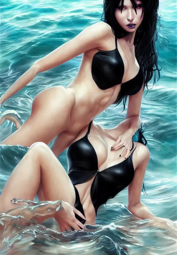 Prompt: portrait of beautiful long legged girl cosplay with black hair in bikini with black strong makeup and fully body tattooed and clothes fully on, feet in water, art by ( ( stanley artgerm lau ) ) and ( wlop ) and magali villeneuve