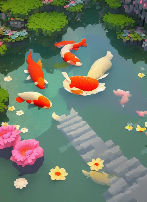 Image similar to pastel cute voxel art of a koi pond, behance, artstation, cute, Japanese, 3d render, unity, beautiful lighting, extremely beautiful, Huang Guangjian and Gil Elvgren and Sachin Teng , Greg Manchess