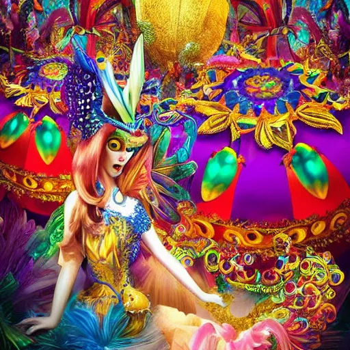 Image similar to an intricately decorated, colorful, mysterious, beautiful carnival hosted by fairies, realistic fantasy illustration