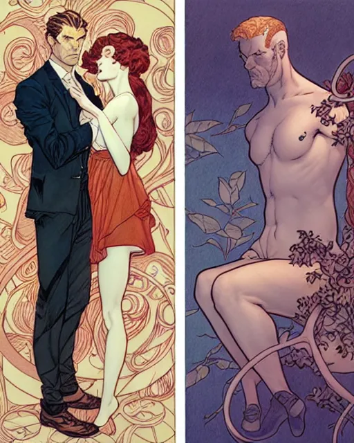 Image similar to a handsome man and a beautiful woman back to back artwork by james jean, Phil noto and rebecca guay