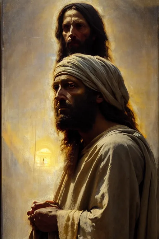 Image similar to photograph imax and solomon joseph solomon and richard schmid and jeremy lipking victorian loose genre loose painting full length portrait painting of jesus