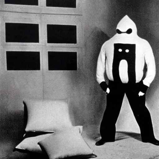 Prompt: pillow - man from the 1 9 3 2 black and white movie