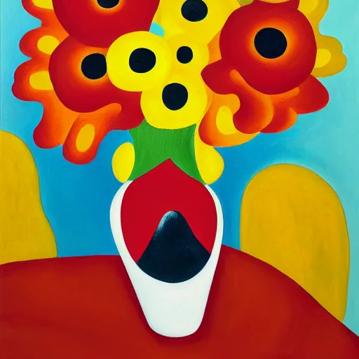 Image similar to a painting of red and yellow flowers in a white vase, a gouache by tarsila do amaral, behance, fauvism, fauvism, oil on canvas, acrylic art