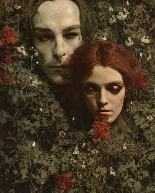 Image similar to a handsome but sinister and creepy man in layers of fear, with haunted eyes, violence in his eyes, 1 9 7 0 s, seventies, delicate embellishments, a little blood, woodland, moonlight shining on wildflowers, painterly, offset printing technique, by alexandre cabanel