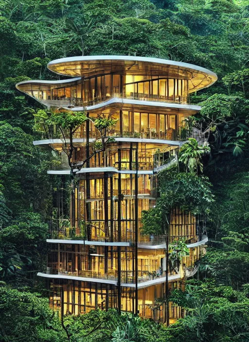 Image similar to “beautiful Amazon forest architecture building , the building is in a forest while there’s a heavy storm, luxury architecture, architecture digest, raining environment, bright tones, fluorescent lighting,volumetric Lighting, photorealism, high detail, golden ratio, cinematic, octane renderer”