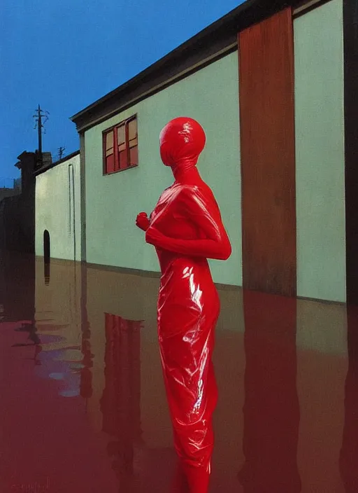 Prompt: futuristic woman dressed in transparent red plastic bags, on flooded street Edward Hopper and James Gilleard, Zdzislaw Beksinski, highly detailed