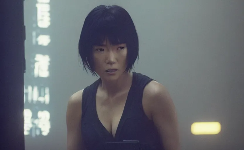 Prompt: movie still of motoko kusanagi as luv in bladerunner 2 0 4 9 directed by denis villeneuve, sadistic and emotional expression