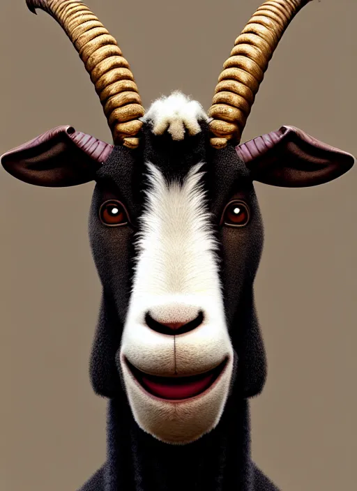 Image similar to anthropomorphic portrait of will smith as a goat, au naturel, hyper detailed, digital art, trending in artstation, cinematic lighting, studio quality, smooth render, unreal engine 5 rendered, octane rendered, art style by klimt and nixeu and ian sprigger and wlop and krenz cushart and pixar and riot and love death & robots