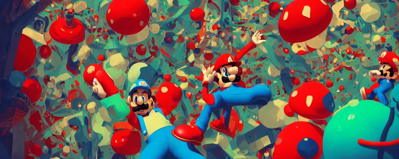 Image similar to duotone red blue green illustration 3 / 4 real life super mario is having psychedelic trip on mushrooms shamanic atmosphere chemical molecules formulas in the background. accidental renaissance fractals. by sachin teng and sergey kolesov and ruan jia and heng z. graffiti art, scifi, fantasy, hyper detailed. octane render. concept art. trending on artstation