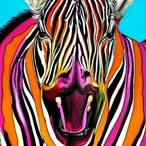 Prompt: realistic laughing smiling, happy, open mouth zebra art by george stubbs on a colorful, bright, ornate background in art nouveau style