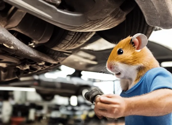 Image similar to film still of a hamster working as a mechanic in an auto shop, 8 k