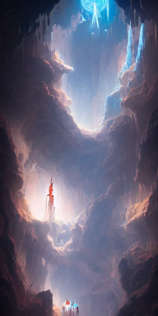 Prompt: Detailed Interior of the Blue Moon Cratered Canyon, Nebula Sky, Airless, light shafts, the glowing throne, stunning atmosphere, in Style of Peter Mohrbacher, cinematic lighting