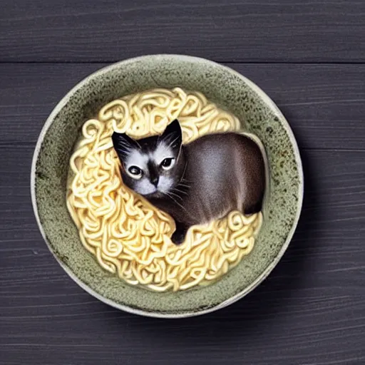 Image similar to a micro tattoo of a siamese cat laying in a bowl of ramen noodles