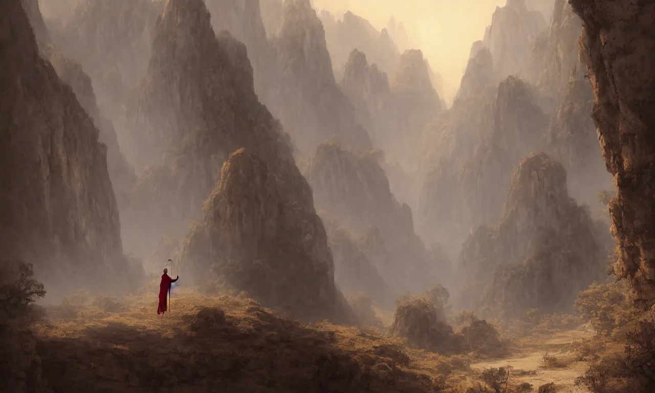 Image similar to one lonely taoist monk walking with a stick and a long red robe blown by the dusty wind through mountainous canyons, a few wretched dry trees hanging, lit by the light of the sunset, glimmer of the horizon in the far distance, a place abandoned by gods, hyperdetailed artstation cgsociety by greg rutkowski and by Gustave Dore