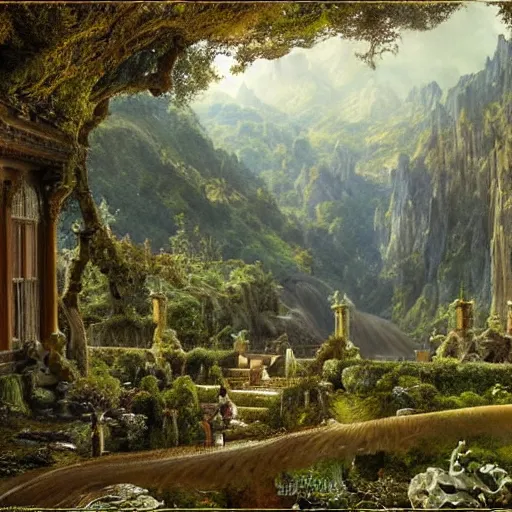 Image similar to a beautiful and highly detailed matte painting of an elven garden palace in a breath taking forest in a deep valley in the beautiful mountains of avalon, intricate details, epic scale, insanely complex, 8 k, sharp focus, hyperrealism, very realistic, by caspar friedrich, albert bierstadt, james gurney, brian froud,