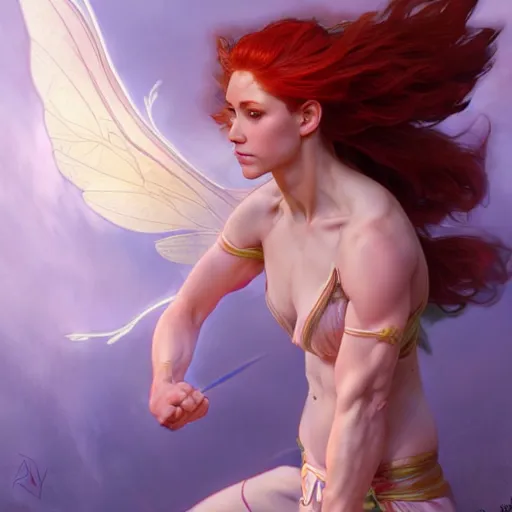 Image similar to beautiful natural fairy small winged redhead martial artist karate fey fae muscular body shortsword greek statue portrait, vivid colors, intricate, elegant, highly detailed, digital painting, artstation, concept art, smooth, sharp focus, illustration, art by artgerm and greg rutkowski and alphonse mucha and loish and wlop