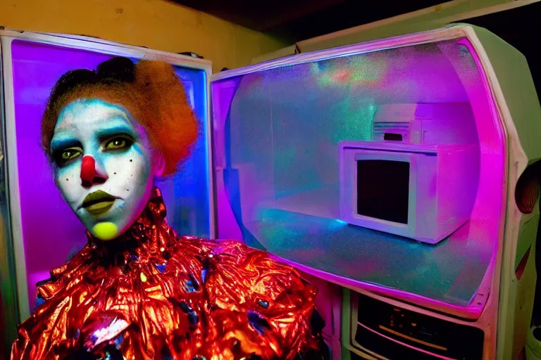 Image similar to robo - clowngirl emerging from a translucent fridge in cyberspace, fractal, in 1 8 8 5, y 2 k cutecore clowncore, bathed in the glow of a crt television, crt screens in background, low - light photograph, in style of tyler mitchell