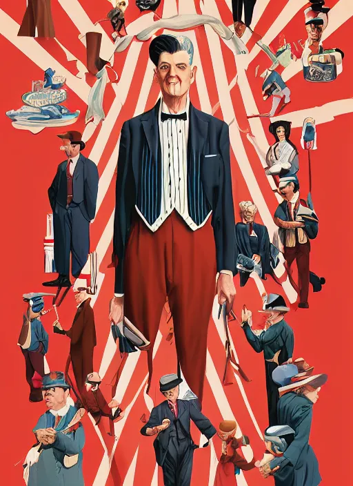 Prompt: artwork by Michael Whelan, Bob Larkin and Tomer Hanuka, of a solo individual portrait of man from a barbershop quartet wearing a 1920s red striped outfit, dapper, from scene from Twin Peaks, simple illustration, domestic, nostalgic, from scene from Twin Peaks, clean, full of details, by Makoto Shinkai and thomas kinkade, Matte painting, trending on artstation and unreal engine
