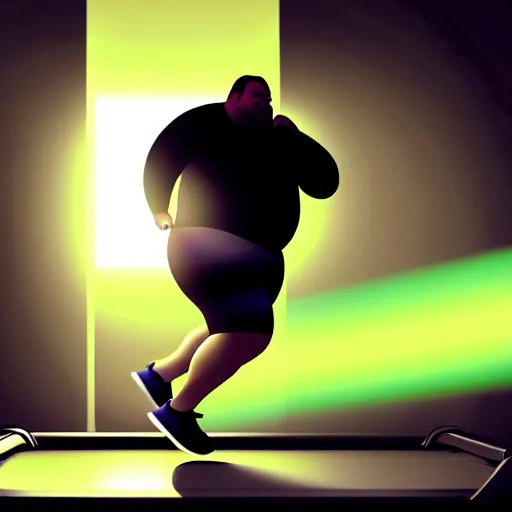 Image similar to a fat man running on a treadmill heavily sweating ultra realistic, lens flare, atmosphere, glow, detailed, intricate, full of colour, cinematic lighting, trending on artstation, 4 k, hyperrealistic, focused, extreme details, unreal engine 5, cinematic, masterpiece, ultra realistic, hyper realistic, highly detailed, sharp focus, digital art