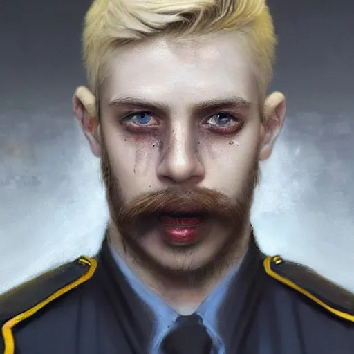 Image similar to portrait painting of a smiling police officer with pale skin short blond hair a patchy beard and blood stains on his mouth, sharp focus, ultra realistic, concept art, intricate details, eerie, highly detailed, photorealistic, octane render, 8 k, unreal engine. art by artgerm and charlie bowater and greg rutkowski