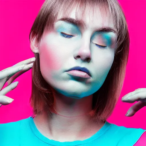 Image similar to photo of a woman. cyan and pink. moody and melanchonic.