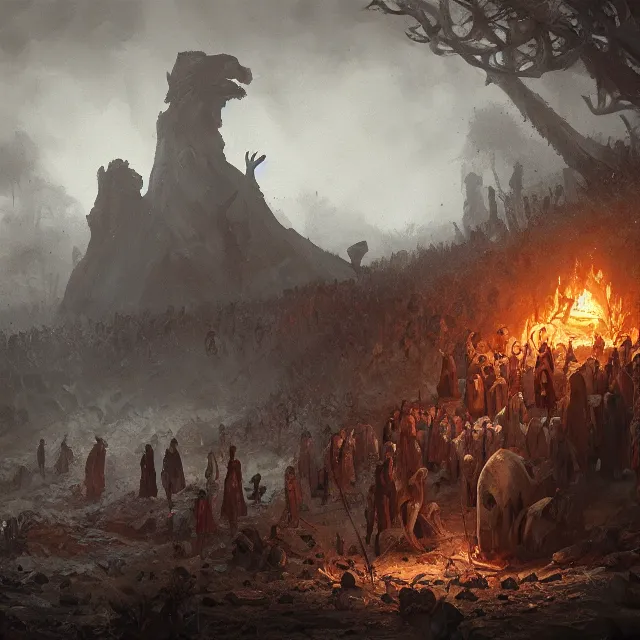 Image similar to a painting of a stone age funeral by greg rutkowski, dark fantasy art, high detail, trending on artstation