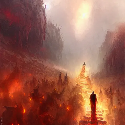 Prompt: Gods walking through hell, fantasy, by Marc Simonetti