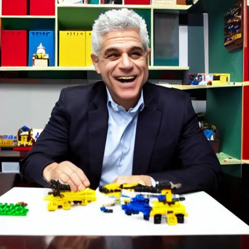 Prompt: Yair Lapid playing with legos in his office, detailed