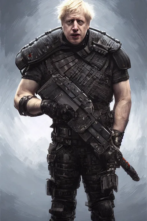 Image similar to Boris Johnson as Punisher, armor plate, realistic portrait, symmetrical, highly detailed, digital painting, artstation, concept art, smooth, sharp focus, illustration, cinematic lighting, art by artgerm and greg rutkowski and alphonse mucha
