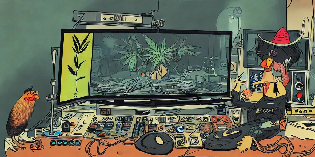 Image similar to 'black chicken'!!! smoking 'cannabis'!!!!!! in front of 'audio console'!!!! and 'multi monitors'!!!! 'in a hi-tech tv broadcasting studio'!!!!, artwork by James Gilleard