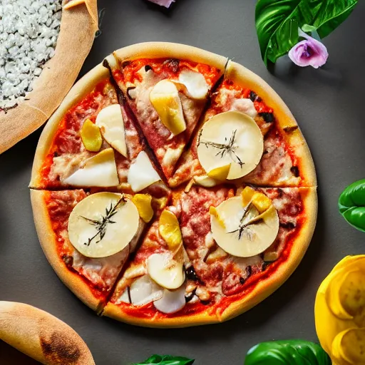 Prompt: A 🍕 made entirely out of 🥥 , 🥥 🍕 hybrid, a hybrid of coconutpizza, 4k, hd food photography