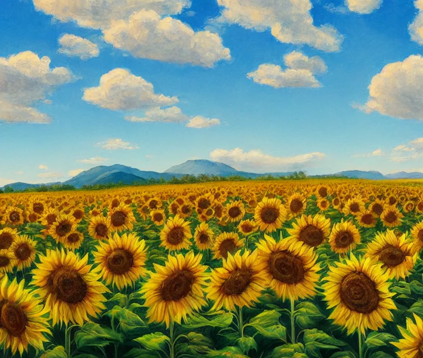 Image similar to a very detailed painting of a sunflower field, baby blue sky with very aesthetic stylized clouds, there is an ad billboard on the field, there are blue mountains in the back, in the style of edward hopper and hugo pondz, very fine brushstrokes, 4 k,