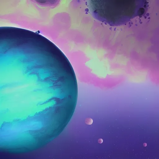 Prompt: a detailed matte painting of a marble - like water planet with continents orbiting a large purple sun in a sea of stars surrounded by colorful swirling gas clouds, by alena aenami, petros afshar and greg rutkowski trending on artstation, deviantart, planet, clouds, earth, exoplanet, stars, nubulae hubble, 8 k, 4 k