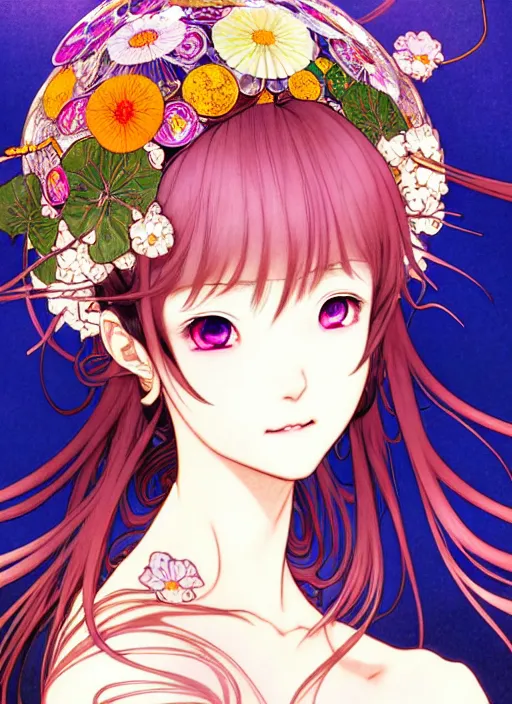 Image similar to exquisite imaginative manga portrait art of vampries girl, flowers, pearlescent, shimmering, reflective, rim light, clear face, detailed background, by kojima ayami, shigenori soejima, minaba hideo, alphonse mucha, art nouveau, illustration, pivix, concept art, highly detailed, colorful, maximalist