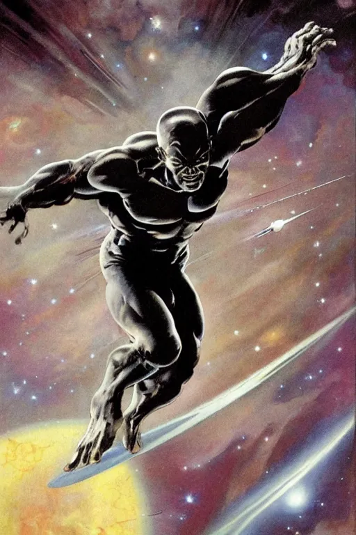 Image similar to Silver Surfer flying through space, by Frank Frazetta