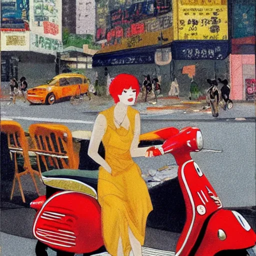 Image similar to the orange - haired vespa queen in hong kong, by amiet kuno and coby whitmore