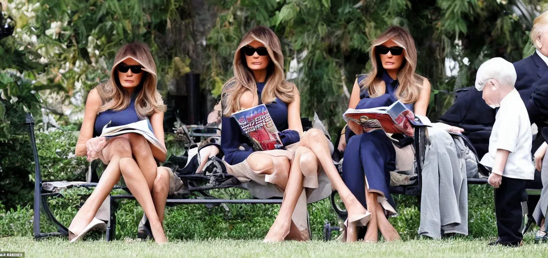 Prompt: melania trump nonchalant reading a magazine while people search her house, photograph,
