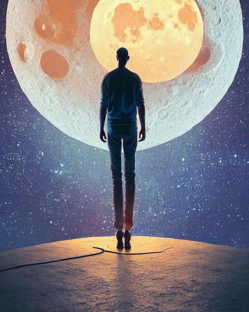 Image similar to a common person standing in front of a glowing open door that's on the moon, poster art by mike winkelmann, trending on cg society, space art, sci - fi, ue 5, futuristic, volumetric lighting