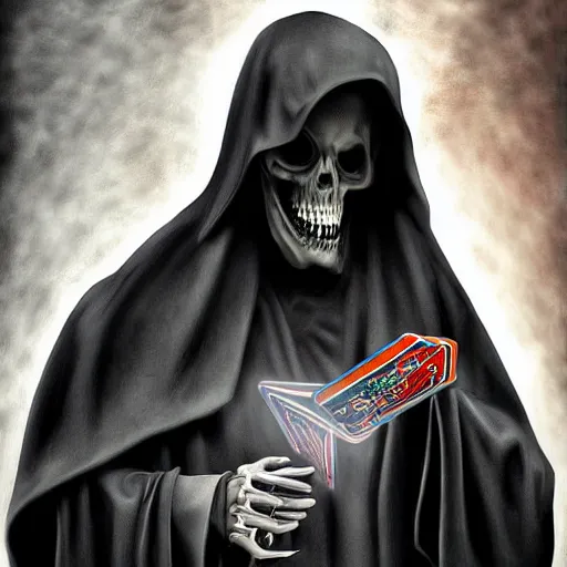 Image similar to Grim reaper playing card, digital art, cinematic, hyper realism, high detail,