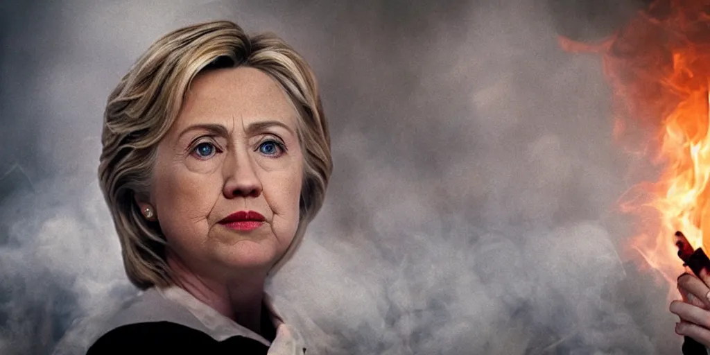 Prompt: movie still of hilary clinton as a war criminal, focused shot, realistic, smoke, fire, octane render